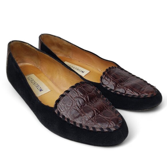 Nordstrom Women’s Black Suede Alligator Slip On Loafers 7 - Picture 1 of 8